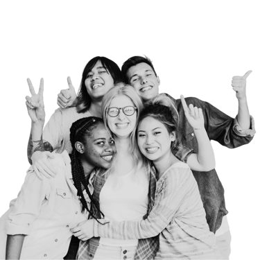 A group of 5 happy young people posing for a photo