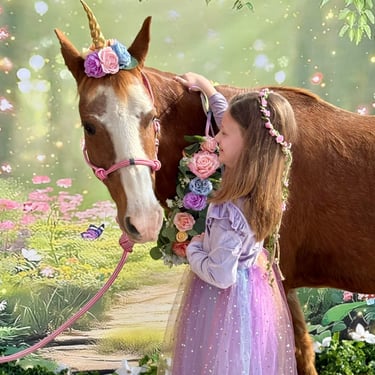 Princess smiling while cuddling Snickers the unicorn at a pony photo session