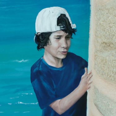 Portrait d'un garçon, avec une casquette, peint dans une fresque murale. Saône et Loire, 71.