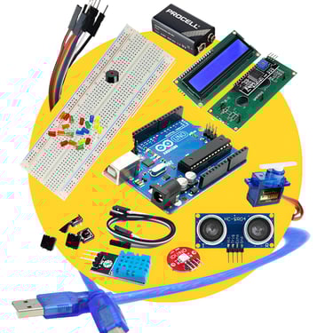 Arduino kit, breadboard, lcd, servo motor, sensor, ultrasonic, temperature sensor, rgb module, led, 