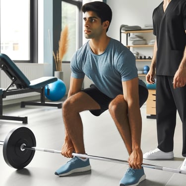 a man is doing a barbell squat exercise under a physiotherapist guidance