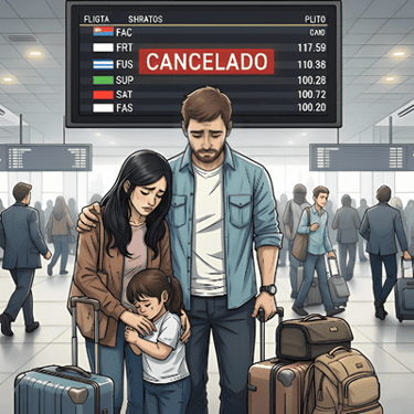 Família enfreta problemas com viagem aérea, no aeroporto.