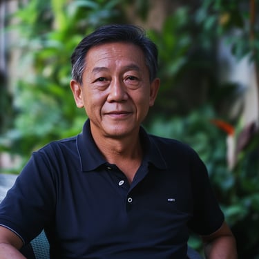 Landscaping client, Asian Male in his 60s, seated in an alfresco dining area at a garden