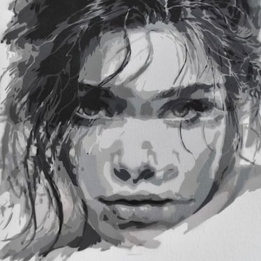Female portrait in grayscale created with stencil technique on canvas, contemporary artwork by Polio