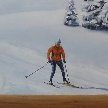 Détail d'une peinture décorative: un skieur (ski de fond) dans le Haut-Jura. Lajoux, Jura, 39.