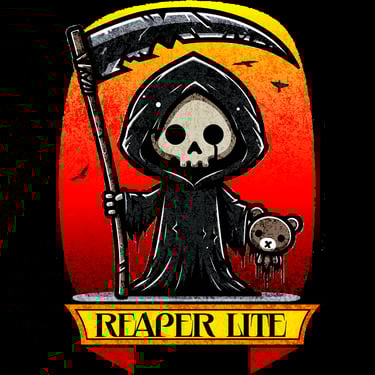 Cute grim reaper holding teddy bear with scythe, fiery orange and red background