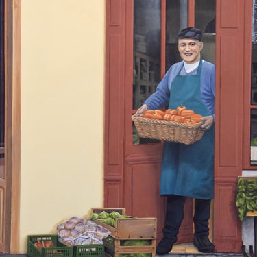 Détail d'une fresque sur façade: un maraîcher sort de son magasin avec un panier de légumes. Jura 39