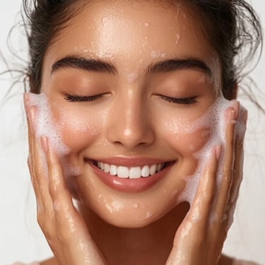 a woman with her hands on her face and smiling