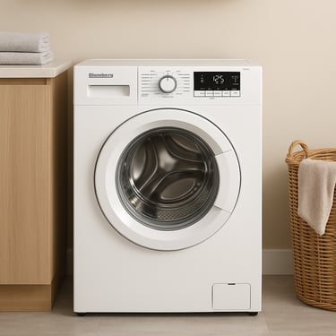 Blomberg front-load washer in a modern laundry room with wooden cabinets and wicker basket.
