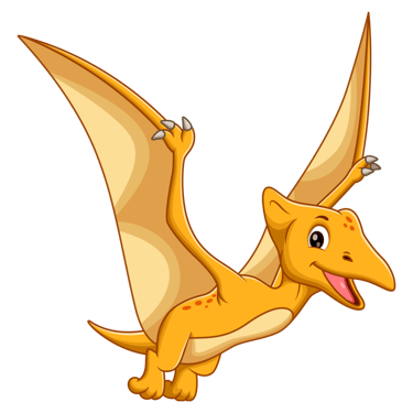 Illustrazione di un pterodattilo sorridente in stile cartone animato, utilizzata per contenuti dedicati ai bambini nella pale