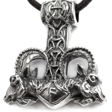 Large Thor Hammer Mjolnir Necklace in Sterling Silver. Odins Viking Pendant with Thors Goats and Runes - Mens Pagan Nordic 