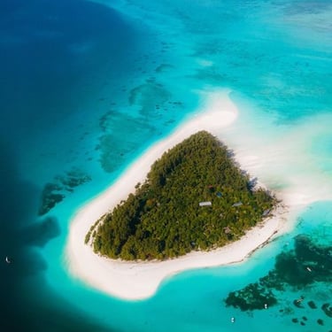 Full aerial view of Mnemba Island Zanzibar surrounded by turquoise waters and white sandy beaches.