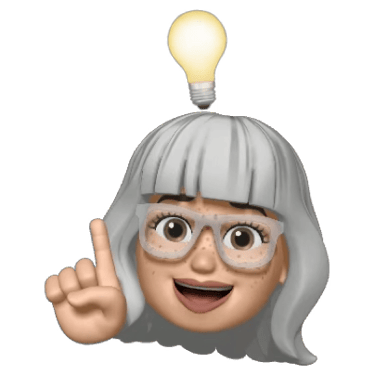 A smiling grey-haired female Memoji character with glasses having a bright idea with a glowing lightbulb.