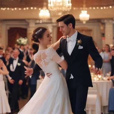 A joyful couple dancing at their wedding reception with DJ Cosmic in the background.
