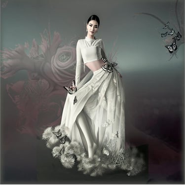 a woman in a white dress with a umbrella