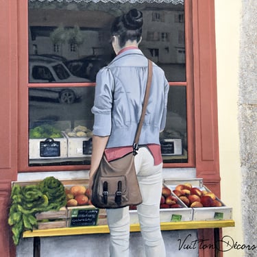Fresque en trompe-l'oeil, une femme de dos regarde l'étal d'un maraîcher, Jura (39).