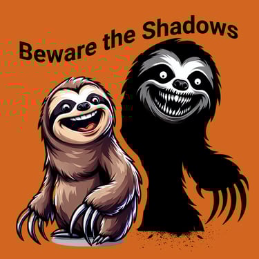 Cute smiling sloth with terrifying shadow monster behind it