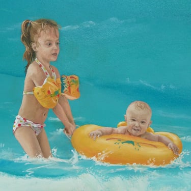 Détail fresque intérieure: des enfants avec des bouées jouent dans la mer. Tournus 71.