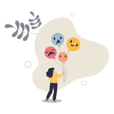 a person holding balloons with emoticions of emotons