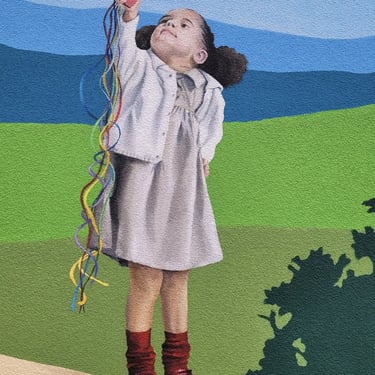 Fresque peinte: une fillette tient une grappe de ballons, debout sur un muret, Jura, Viry (39).