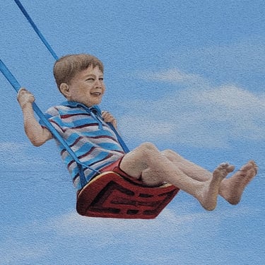 Détail d'une fresque murale: un garçon joue sur une balançoire. Viry, Jura (39).