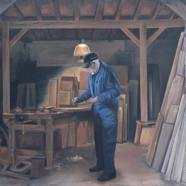 Détail fresque sur façade à Moirans-en-Montagne: un menuisier travaille dans son atelier.