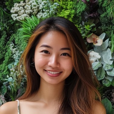 Landscaping client. Asian Singaporean woman, 30s, vertical greenwall