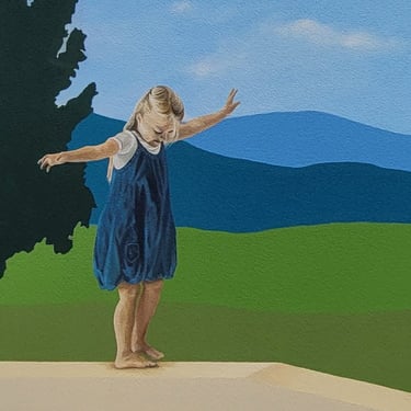 Détail d'une fresque murale: une fillette, debout, joue sur un muret. Chaufferie, Viry, Jura, 39.