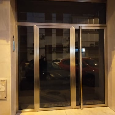 Puerta de acero inoxidable con dos fijos instalada en Mairena del Aljarafe