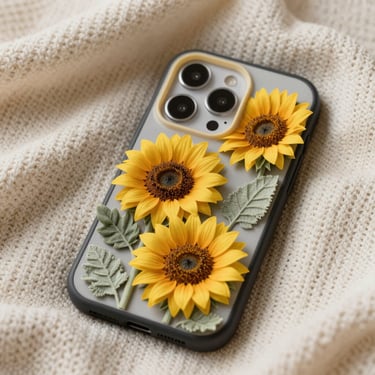 Macro shot of a phone case decorated with cheerful yellow sunflowers and sage green leaves, resting on a soft cream knit blanket.