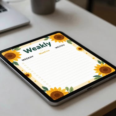 A digital tablet displaying a colorful weekly planner template with cute hand-drawn sunflower margins, resting on a clean desk.