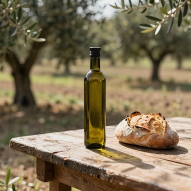 A sun-drenched rustic table in an Italian olive grove, a single bottle of cold-pressed oil, fresh sourdough bread, natural shadows.