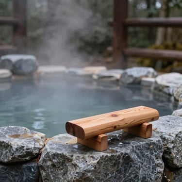 Close-up of a stone thermal bath in a quiet Japanese forest, soft overcast light, steam rising gently, natural textures of cedar wood and granite.
