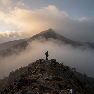 A solitary hiker on a misty Andean ridge, dramatic scale, soft golden hour light filtering through clouds, epic silent landscape.