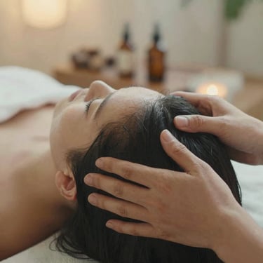 Close-up of hands massaging a scalp and shoulders, botanical ingredients like sandalwood in background, soft diffused golden-hour light, earthy muted tones, shallow depth of field, 35mm film