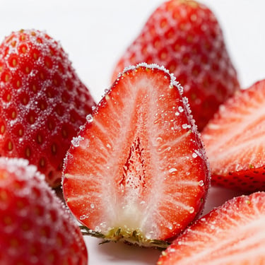 Macro shot of frozen strawberry halves, bright studio lighting, intense red color with visible frost crystals, sharp focus