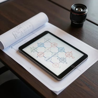 Close-up overhead flat-lay of a commercial blueprint and a tablet displaying AI workflow diagrams on a dark conference table, controlled directional studio lighting, sharp shadows, no people