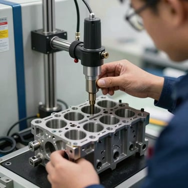 Technician checking a cylinder head on a hydrostatic pressure testing machine to detect internal micro-cracks