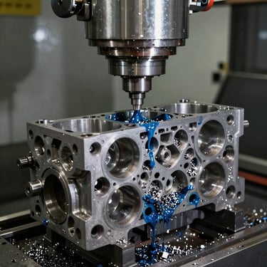 Industrial CNC milling machine resurfacing a heavy-duty engine block, metal shavings and blue coolant fluid visible