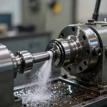Crankshaft grinding machine polishing a heavy steel journal with water spray, high-contrast workshop lighting