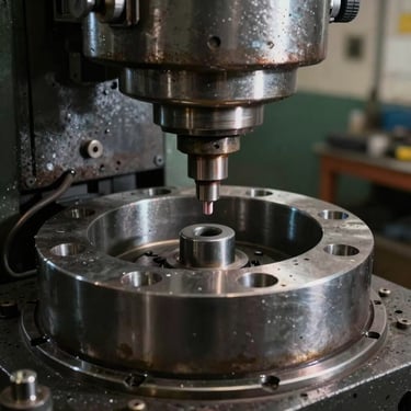 Tight overhead shot of a closed-die forging press mid-stroke, scale showing forged socket shape in the die cavity, heavy workshop lighting