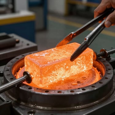 Close-up of glowing orange billet gripped in tongs inside an induction furnace, ambient orange light on the steel surface, industrial factory background