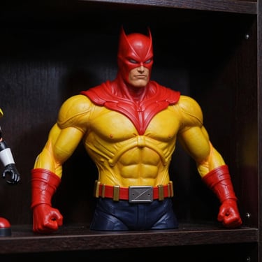 Official comic book memorabilia, replica prop on a dark shelf, intense dramatic lighting, rich saturated colors.