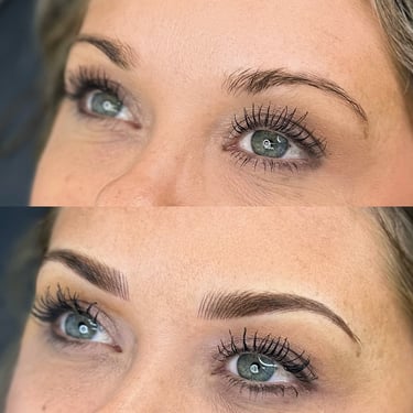 Before and after image displaying a client with combination microblading with shading brows. 