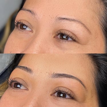 Before and after image displaying a client with brown microbladed brows. 