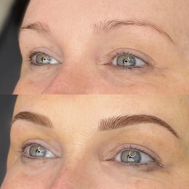 Before and after image displaying a client with brown microbladed brows with added shading. 