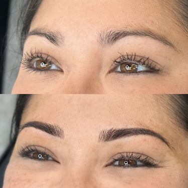 Before and after image displaying a client with dark brunette combo brows. 