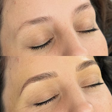 Before and after image displaying a client with brunette microbladed brows. 