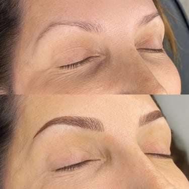 Before and after image displaying a client with brunette microblading with added shading. 