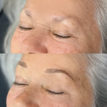 Before and after image displaying a client with microbladed brows and soft shading.  